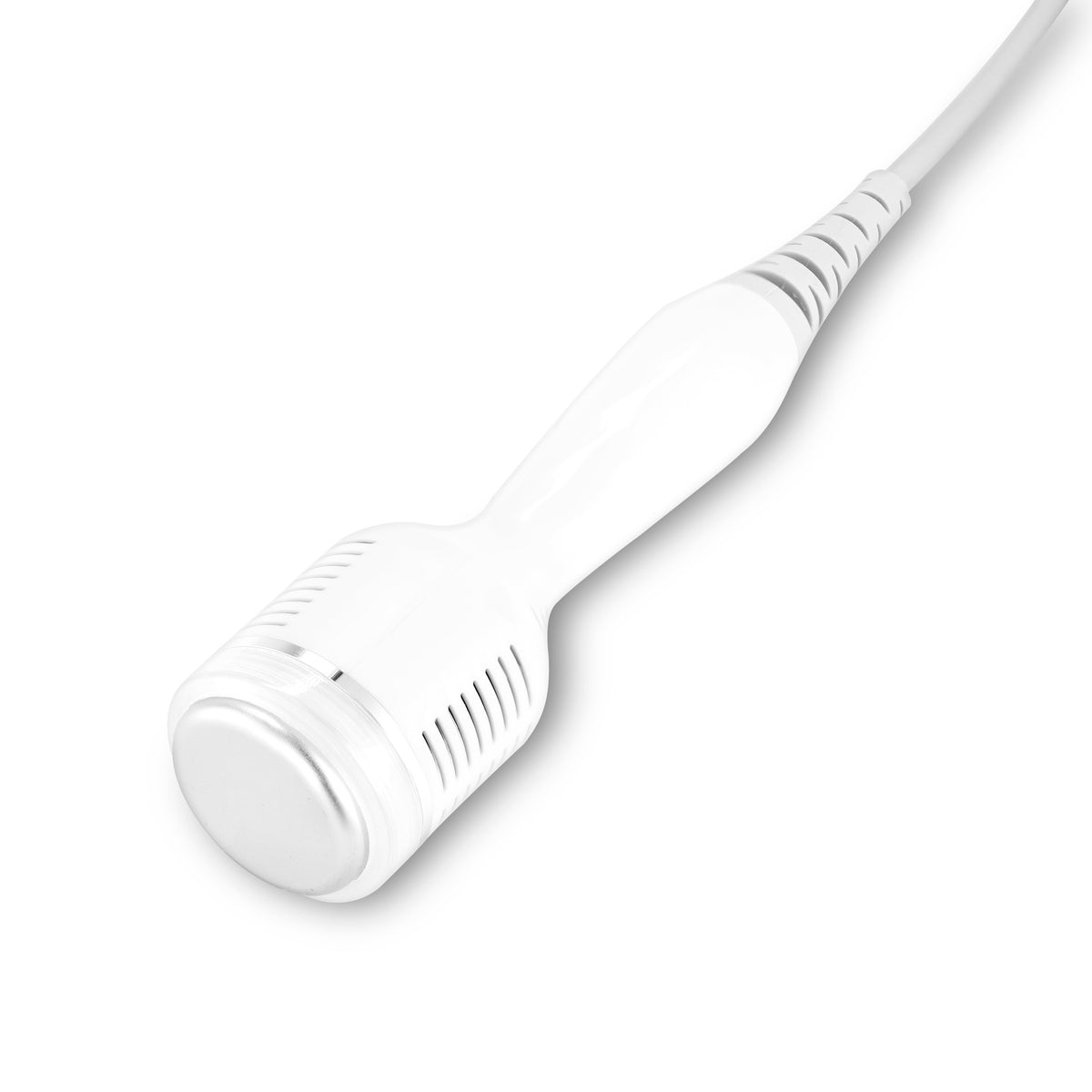 White body contouring treatment handpiece with a flat circular metal head and attached cable - close-up view.